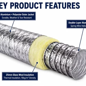 HVAC Insulated Flexible Spiral Air Duct Hose Aluminum Foil Polyester for Outdoor Use