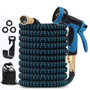 HYG 09 Blue Extending Pipe Water Hose 50FT 100FT Alloy Joint 8 Function Spray Patterns Expandable Garden Outdoors
