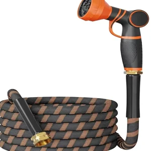 Heavy Duty Expandable Garden Hose 25ft Black Tan Woven Water Pipe Ergonomic Spray Gun Brass Connectors Car Wash