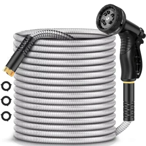 Heavy Duty Stainless Steel Garden Water Hose Durable Flexible 25-100 FT Garden Hose with 10 Pattern Spray Nozzle for Watering