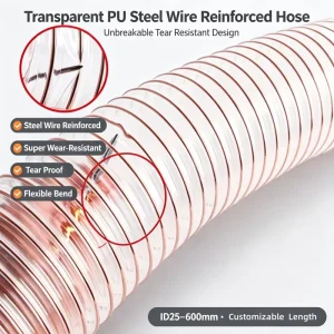 High Abrasion Resistant Transparent PU Steel Wire Reinforced Hose Tear Proof Lightweight Industrial Flexible Duct Pipe