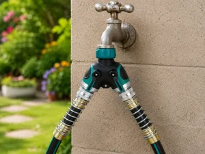 High-Flow Dual Outlet Splitter Garden Metal Plastic Shut-Off Tap Connector for Water Hose Model SP37025 With 3/4” Diameter