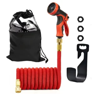 High Pressure Expandable Latex Garden Hose with 10 Spray Patterns Lightweight Leak Proof Includes Storage Bag and Wall Mount