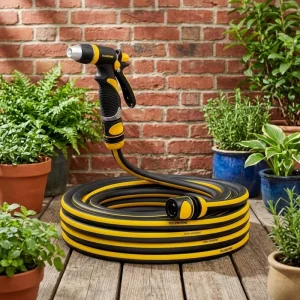 High Pressure PVC Braided Garden Hose 50FT Flat Coil for Balcony and Garage Tidy Storage