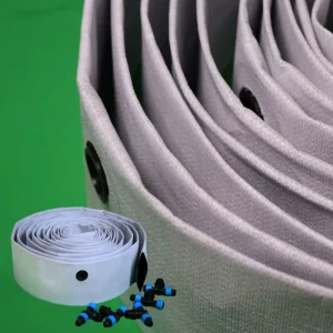High Pressure Pre installed Water Outlet Soft Lay Flat Woven PE Hose Pipe 100m roll Custom Cutting Agriculture Irrigation System