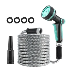 High Quality No Kink 50FT 100FT Garden Hose Stainless Steel Metal Water Hose With Nozzle
