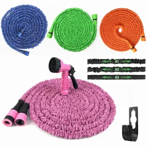 High Quality Pink Durable Latex 100FT Flexible Retractable Water Pipe Expandable Magic Garden Hose with Spray Nozzle Water Gun