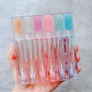 JIE MEI Stock Transparent Square 7ML Lip Glaze Bottle Lip Gloss Container Empty Lip Tint Tube With Colorful Pearl