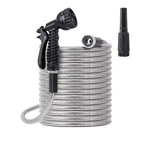 K125 Heavy Duty Kink Free Stainless Steel Water Hose with 2 Nozzles High Pressure Lightweight Metal Water Hose 25 ft