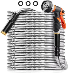 K126 Heavy Duty No Kink Stainless Steel Water Hose with 8 Functional Nozzles for Lawn Strong Sturdy Garden Hose 50ft