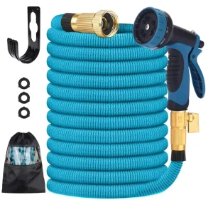 Lake Blue Expandable Garden Hose Metal Joint 10 Functional Spray Nozzles Independent Packaging with Large Hooks Attached