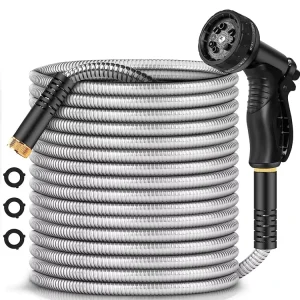 Metal Garden Hose 100FT Stainless Steel Heavy Duty Water Hose With 10 Function Nozzle No Tangle & No Kink & Flexible