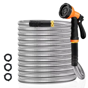 Metal Garden Hose 50ft Stainless Steel Water Hose with 10 Function Nozzle Lightweight No Kink Hose for Outdoor Lawn Garden