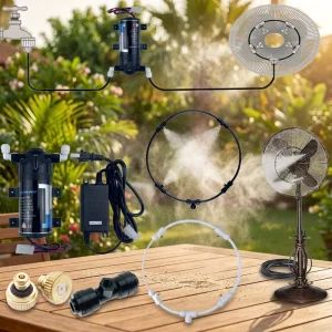 Misting Cooling System Fan Ring with Silent Pump 1L Capacity Electric Powered for Outdoor Use in Patio Garden & Greenhouse