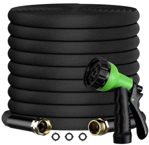 Non Expandable Lightweight Polyester Flat Water Hose 10 Function Spray Nozzle 1 2 Metal Fittings Anti Abrasion Easy Store High