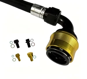 Nylon Braided Rubber Hose with Black & Gold Quick Release Crimped an Fitting 90 Degree Dual Port for Racing Fuel Oil Cooler Line