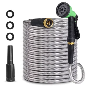 Outdoor Flexible Garden Hose with Swivel Handle and 10 Functional Nozzles Lightweight Metal Stainless Steel Water Hose