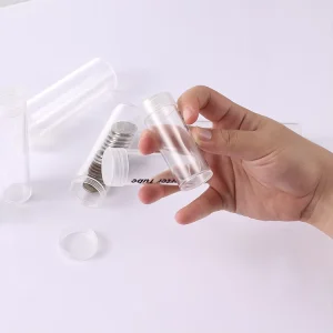 PS Plastic Coin Tube Coin Bank Holder 25ml Clear Round Bottle Plastic Tubes with Cap