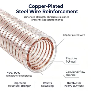 PU Polyurethane Copper Plated Steel Wire Reinforced Hose Industrial Flexible Vacuum Ducting Pipe for Dust Suction Ventilation