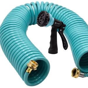 PVC Automatic Rewind Garden Hose 50 ft Curly Coil Brass Connectors 7 Pattern Spray Nozzle Corrosion Resistant UV