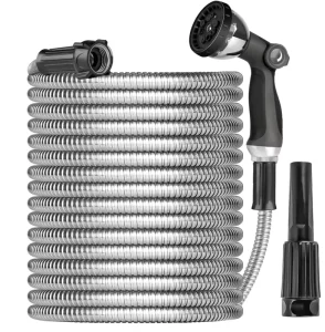 PVC Water Hose 25ft Heavy Duty High Pressure 14mm Diameter Flexible Lightweight No Kink Pet Proof Anti Corrosion Sprayer Nozzle