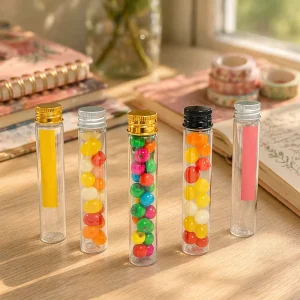 Plastic Storage Tubes Collectables with Gold coloured Metal Lids Food grade with Customisable Packaging Labelling