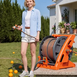 Portable Manual Hand Crank Water Hose Reel Set with 8 Pattern Spray Nozzle ABS Quick Connector for Garden Lawn Irrigation