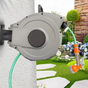 Portable Wall Mounted Retractable PVC Hose Reel Kit Anti Tangle Flexible Garden Water Pipe Set with Multi Pattern Gun 500 PSI
