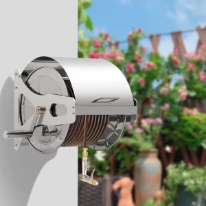 Portable Wall Mounted Stainless Steel Metal Cart Garden Water Hose Pipe Reel for Car Wash Gardening