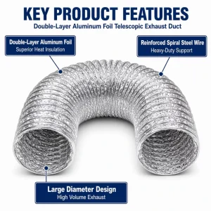 QIEXEIN High Temp Flexible Aluminum Foil Duct Double Layer Telescopic Exhaust Hose Large Diameter Apartment Ventilation Pipe