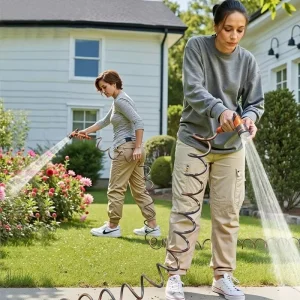 Space Saving Flexible Coil Garden Hose 50ft Recoil Water Hose Pipe with 7 Way Spray Nozzle for Outdoor Car Cleaning Use
