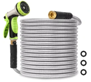 Stainless Steel 100ft Heavy Duty Flexible Garden Hose 10 Way Spray Nozzle 3/4 Solid Brass Fittings No Kink Leak Resistant High