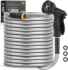 Stainless Steel 50FT Garden Hose with 10 Functions and Lightweight Brass Nozzle Heavy Duty No Kink Water Hose Reel