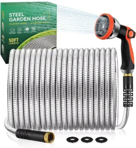 Steel Hose 50FT Metal Garden Hose Stainless Steel Water Hose Heavy Duty High Pressure Outdoor Lightweight Lawn Gardening Tool