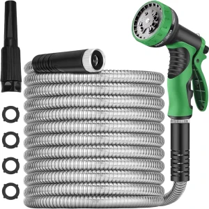 Strong 100ft Metal Flexible Garden Hose Reel Brass Hose Anti Corrosion 3/4” Diameter 10 Function Sprayer Gun for Car Washing