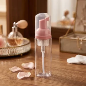Transparent Facial Cleanser Foam Pump Bottle 50ml 60ml Clear Plastic Liquid Soap Bottle with Pink Foam Pump
