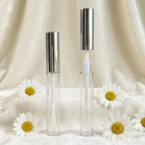 Transparent Lip Gloss Packaging Container Round Lip Color Plastic Tube with Aluminum Cap Empty Tube