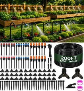 Upgrade Drip Irrigation System 5/16″ Garden Watering System with 360° Adjustable Nozzles DIY Kit for Garden Raised Beds Plants