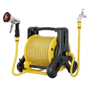 Wall Mountable Plastic Durable Lightweight High Pressure Garden Hose Reel Set with Mini Watering Nozzle Hanger 9 Pattern Spray